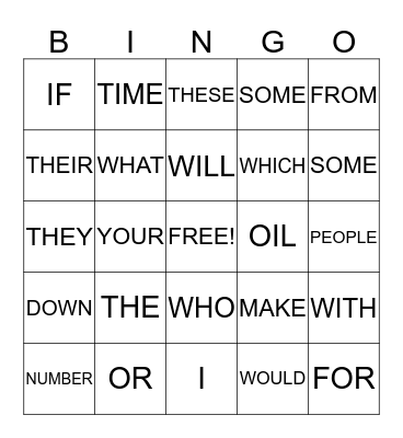 FRY'S FIRST 100 WORDS BINGO Card