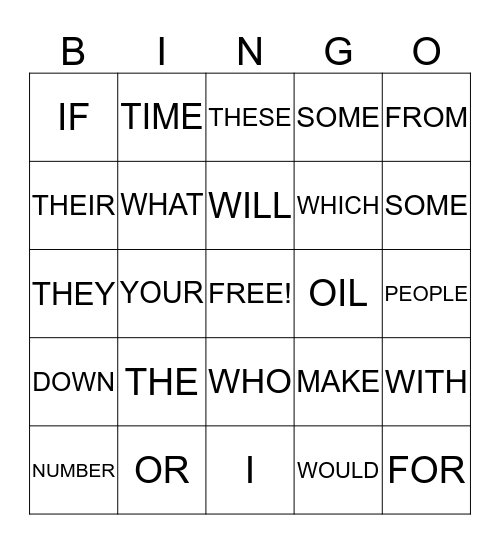 FRY'S FIRST 100 WORDS BINGO Card