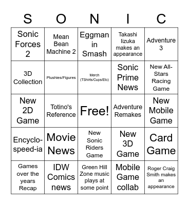 Sonic Central 2021 Bingo Card