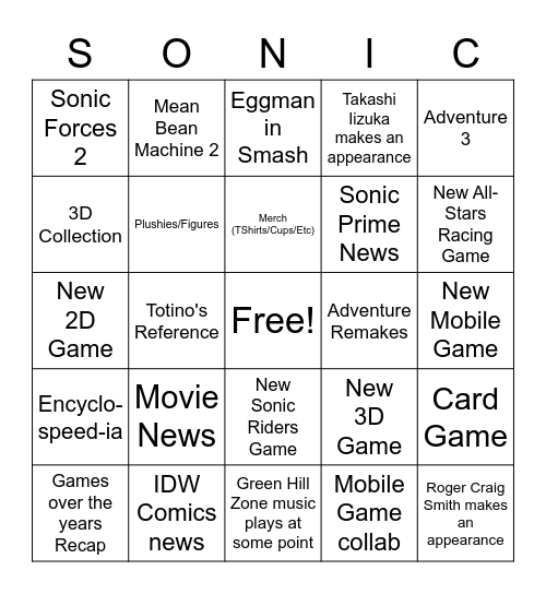 Sonic Central 2021 Bingo Card