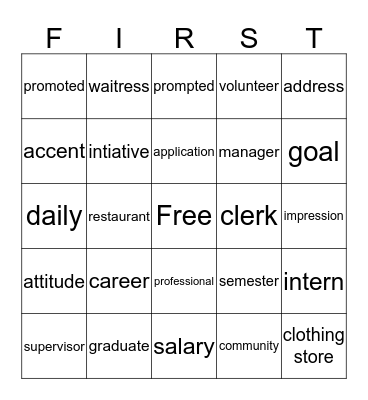 First Jobs- Life After High School Bingo Card
