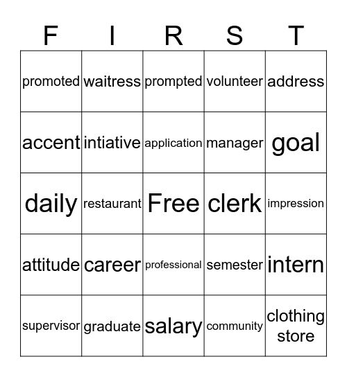First Jobs- Life After High School Bingo Card