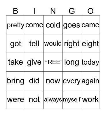 Aniya's Sight Words Bingo Card
