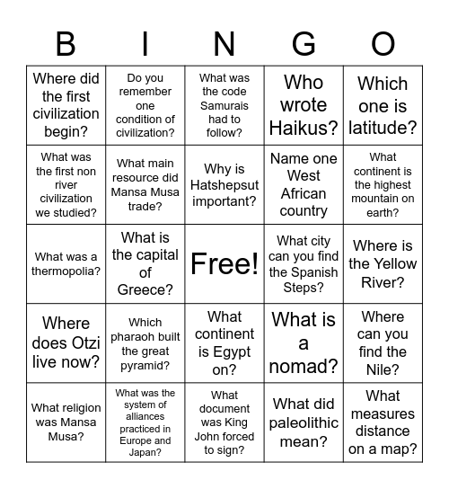 End of year social studies Bingo Card