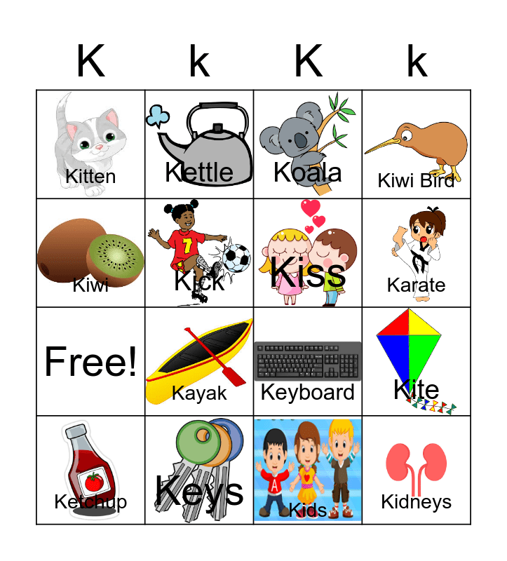 Letter K Bingo Card