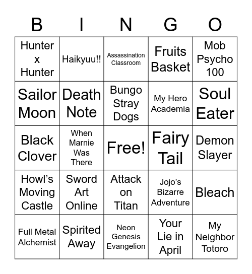 Anime/Protagonist Bingo Card