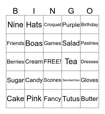 Katie's Tea Party Bingo Card