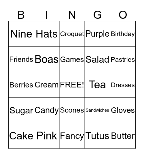 Katie's Tea Party Bingo Card