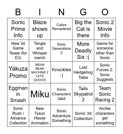 Sonic my Bewoved Bingo Card