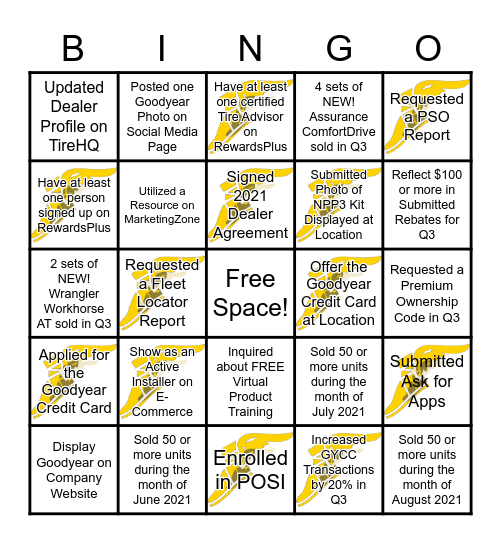 Goodyear G3X Bingo Card