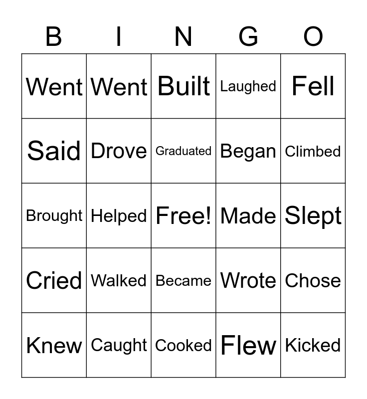 Words In Past Tense Bingo Card