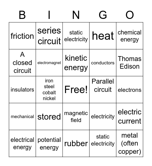 Energy, Circuits, and Electricity Bingo Card