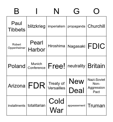 Great Depression and WWII Bingo Card