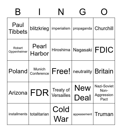 Great Depression and WWII Bingo Card