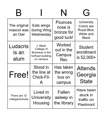 GSU Student Staff Orientation Bingo Card