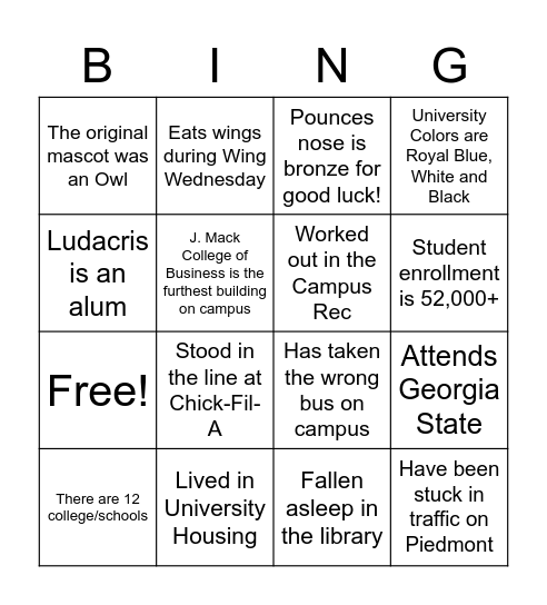 GSU Student Staff Orientation Bingo Card
