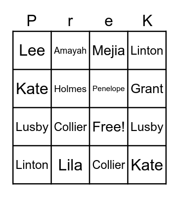 Pre-K Friends Bingo Card