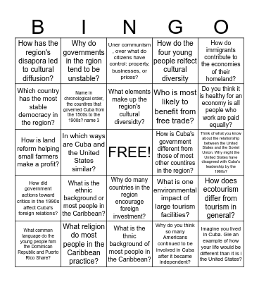 Cuba, Caribbean, & Central America Bingo Card
