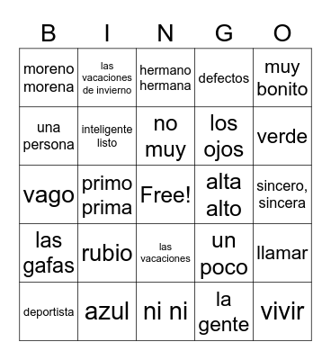 Spanish Vocabulary Bingo Card