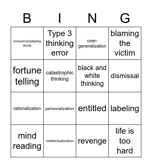 Thinking Errors Bingo Card