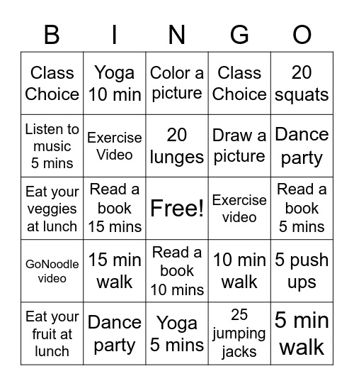 Class Wellness Bingo Week #4 Bingo Card