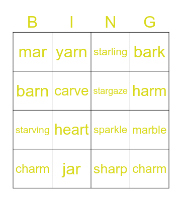 Ar as in Car Bingo Card