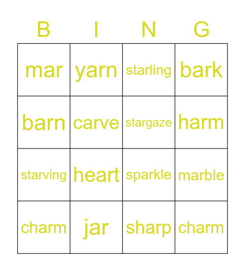 Ar as in Car Bingo Card