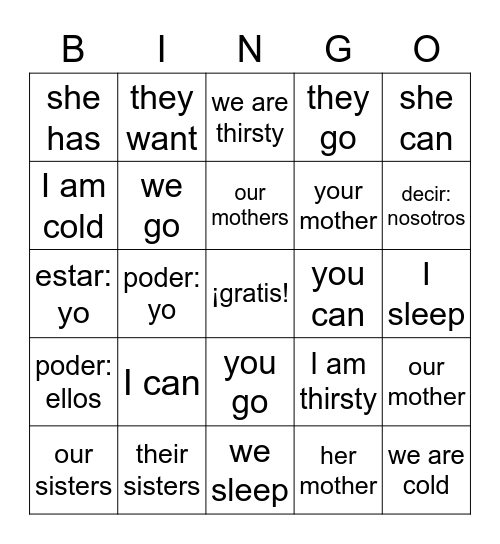 verbos Bingo Card