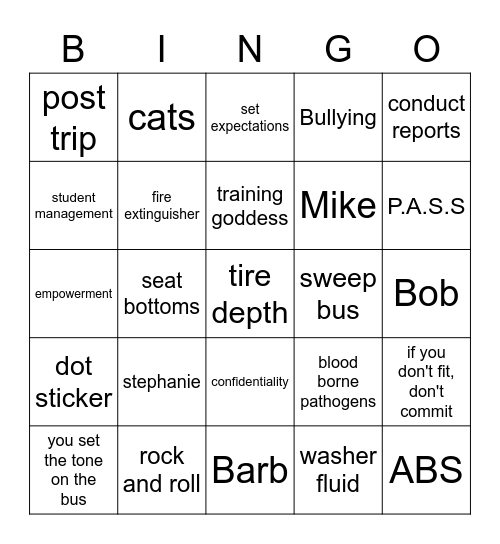 School Bus BINGO Card