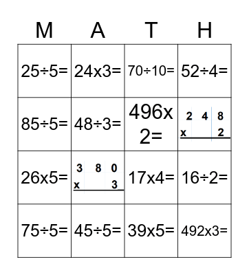 Multiplication Division MD4-MD7 Bingo Card