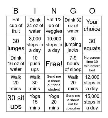 Staff Wellness Bingo Week #4 Bingo Card
