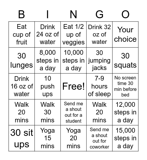 Staff Wellness Bingo Week #4 Bingo Card