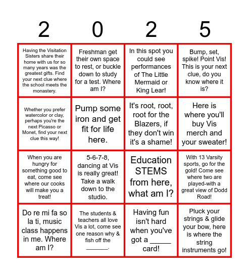 Visitation Class of 2025 Bingo! Bingo Card
