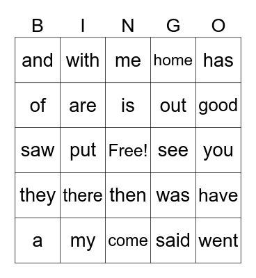 Heart Word Bingo Card