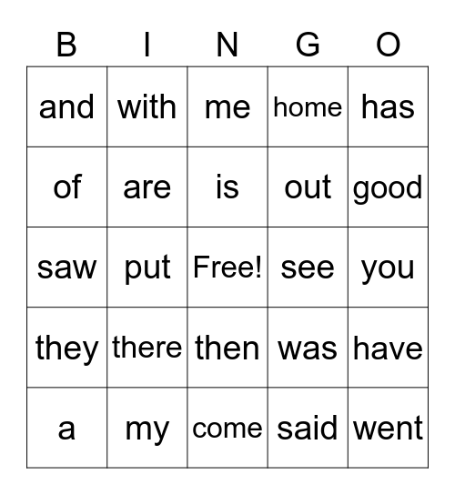 Heart Word Bingo Card