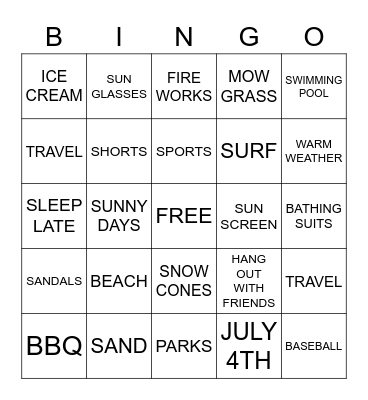 Summer Fun Bingo Card