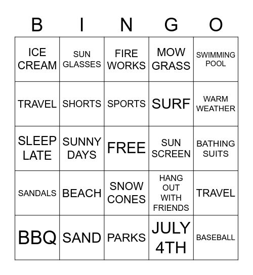 Summer Fun Bingo Card