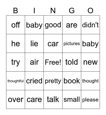 High Frequency Word  Bingo Card