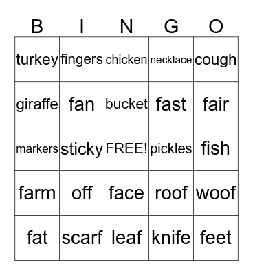 K and F Bingo Card