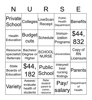 SCHOOL Bingo Card