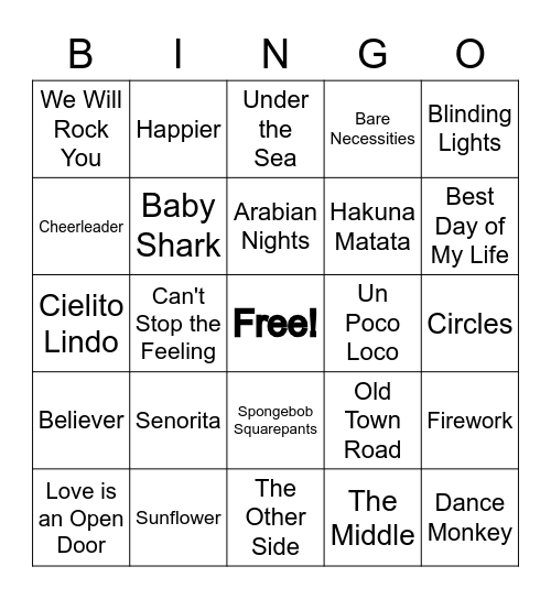 Musical Bingo Card