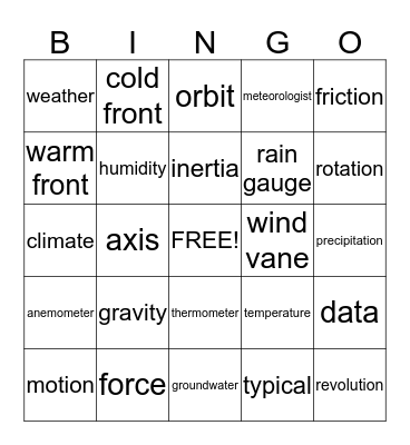 science vocabulary Bingo Card