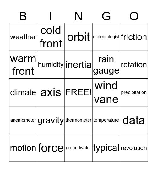 science vocabulary Bingo Card