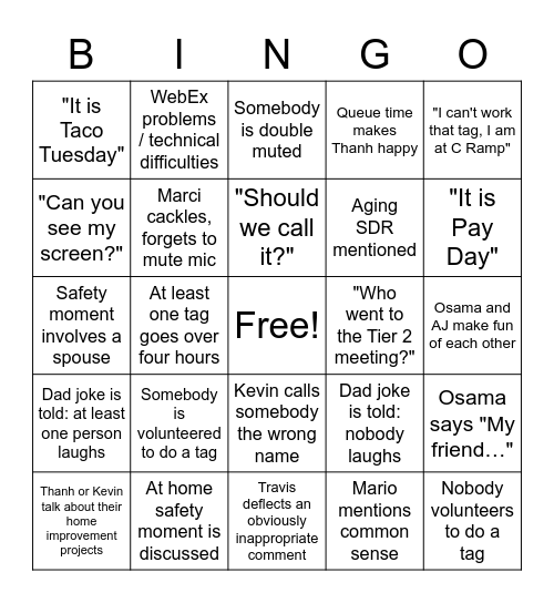 South Cell Meeting Bingo Card