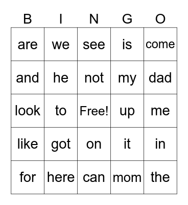 Sight Words Bingo Card