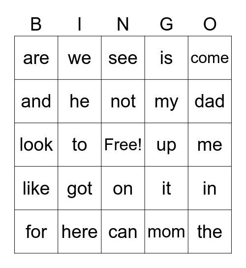 Sight Words Bingo Card