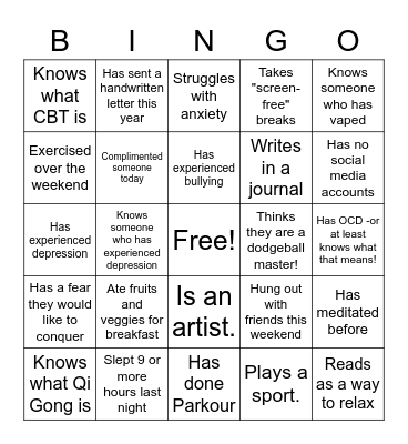 Health and Wellness: Find someone who... Bingo Card