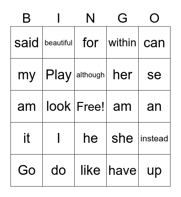 Sight Words Bingo Card