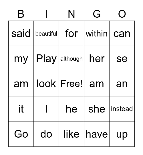 Sight Words Bingo Card