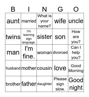 Sign Language Bingo Card